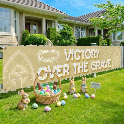 Victory Over The Grave Banner Religious Easter Yard Sign Christian Cross Decoration Resurrection Sunday Outdoor Decor Jesus Christ Fence Backdrop Church Celebration Spiritual Ornament