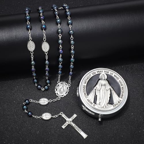 KOMI 6mm Glass Pearl Rosary Beads Catholic for Women with Metal Rosary Box Religious Gifts - style: Virgn Mary-black