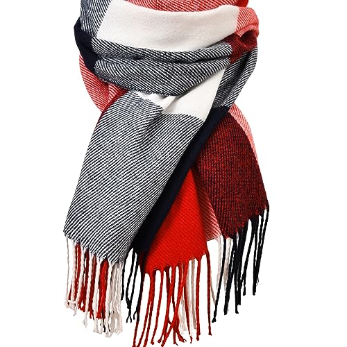 Clothirily Womens Winter Scarf, Oversized Long Blanket Plaid Shawl Wrap - color: Red Blue Lattice