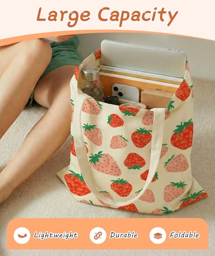 Women's Canvas Tote Bags with Inner Pockets & Metal Snap, Reusable Tote Bag for Girl's Vacation Travel Gym Shopping - color: Pink Strawberry