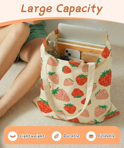 Women's Canvas Tote Bags with Inner Pockets & Metal Snap, Reusable Tote Bag for Girl's Vacation Travel Gym Shopping - color: Pink Strawberry