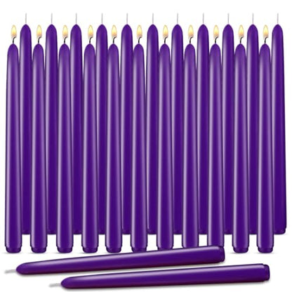 Purple Taper Candles, Set of 24 Unscented and Smokeless 10 Inch Taper Candles Long Burning, Paraffin Wax with Cotton Wicks for Burning Approxinately 7-8 Hours Time