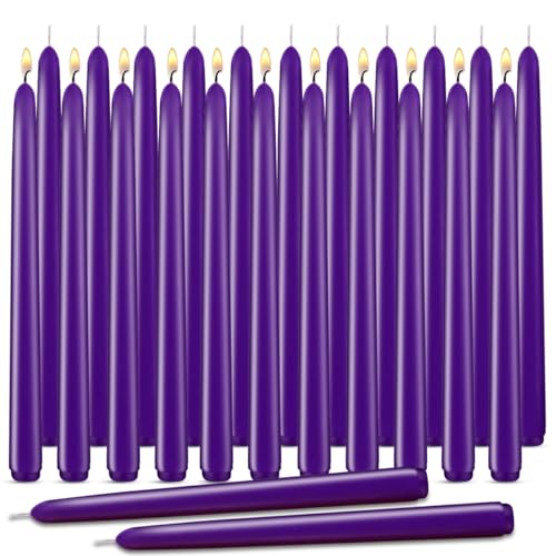 Purple Taper Candles, Set of 24 Unscented and Smokeless 10 Inch Taper Candles Long Burning, Paraffin Wax with Cotton Wicks for Burning Approxinately 7-8 Hours Time