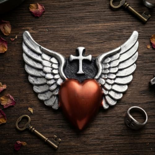 Nuacemi 7.28 Inch Decorative Angel Wings Heart Hanging Wall Art Decor Sculpture Plaque with Cross, Ideal Home Decor for Indoor Display, Bedroom, Church Prayer Room, Religious Guardian Angel Memorial and Housewarming Gift (Silvery) - color: Silvery