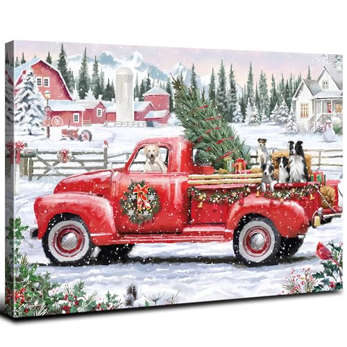 Christmas Canvas Wall Art Vintage Red Pickup Truck Wall Decor Christmas Tree Prints Picture Rustic Farmhouse Dogs Paintings Retro Country Scenic Artwork for Living Room Bedroom Home Decorations 12x16" - color: Red Pickup, size: 16"L x 12"W