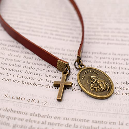 BLBMH Genuine Leather Bible Bookmark with Cross | Catholic Gifts for Men Dad | Christian Book Marker with Ribbon - Saint Anthony - LB3 - color: Alb3