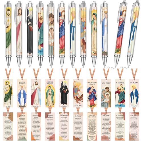 Sayglossy 40 Pcs Catholic Bible Gifts Set 20 Christian Ballpoint Pens ＆20 Prayer Bookmarks Religious Saints Jesus Virgin Mary Gifts Bulk for First Communion Baptism Confirmation Lent Favors(Cute) - style: Cute