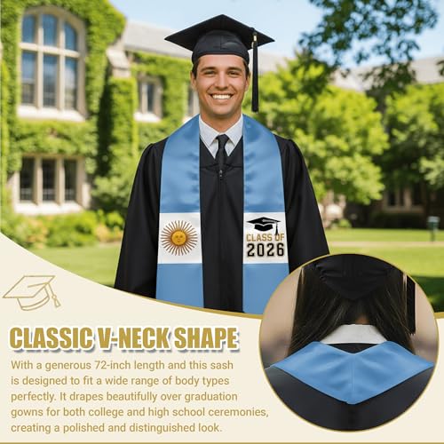 National Flag Graduation Stole Sash - 72" Long Unisex Honors Stole for Students - color: Argentine