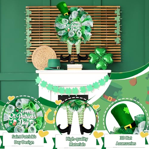 25 Inch St Patrick's Day Wreath for Front Door Green Leprechaun Mesh Wreath with Plush Shamrock Top Hat - color: St Patrick's Day-1