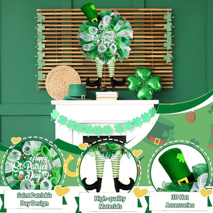 25 Inch St Patrick's Day Wreath for Front Door Green Leprechaun Mesh Wreath with Plush Shamrock Top Hat - color: St Patrick's Day-1