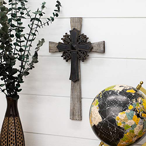Dicksons Antiqued Intricate Double Layer 15 Inch Wood and Metal Decorative Hanging Wall Cross