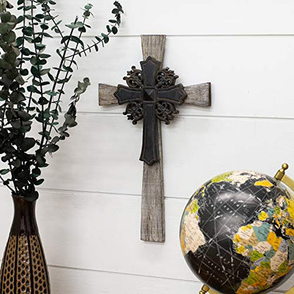 Dicksons Antiqued Intricate Double Layer 15 Inch Wood and Metal Decorative Hanging Wall Cross