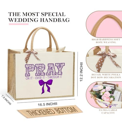 KongMoTree Christian Tote Bags, Coquette Bow Bag with Floral Christians Gifts for Mom, Wife, Sisters, Best Friends - color: Pray on It Over It Through It Purple