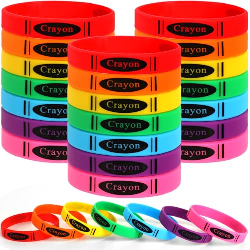 JUNEBRUSHS 42 Pcs Crayon Silicone Bracelets First Day of School Classroom Crayon Decor Welcome School Wristbands Back to School Party Favors for Students Exchange Teacher Gifts - style: Crayon Style