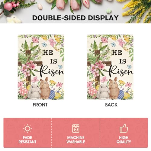 AVOIN colorlife Bunnies Cross He Is Risen Easter Garden Flag 12x18 Inch - size: Garden Size-12 x 18"