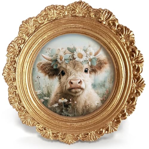 Farmhouse Highland Cow Cattle Round Picture Frame Wall Decor, Rustic Floral Cute Calf Gold Mini Ornate Photo Frame for TableTop 2.7in Photo,Vintage Framed Artwork for Walls Bedroom Cottage - color: calf