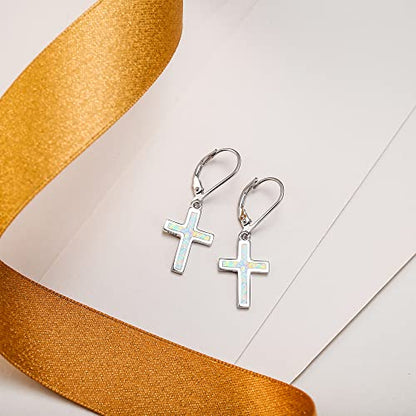 EVER FAITH 925 Sterling Silver Cross Earrings Created Opal Dangle Leverback Earring Minimalist Church Jewelry - color: White