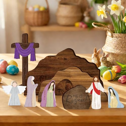 Easter Scene Wooden Decorations - Empty Tomb Resurrection Scene Christian Cross Decor - Religious Jesus Nativity Decorations for Home Table Office - color: Multicolor