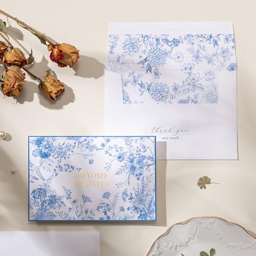 Crisky 4x6 Beyond Grateful Thank You Cards with Envelopes Bulk, 50 Pack Blue Floral Thank You Notes with Envelopes Set for Bridal Shower, Wedding Engagement, Baby Shower, Graduation, Birthday - style: Modern Floral