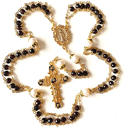 elegantmedical handmade Gold Ladder to Heaven Garnet Beads Catholic Rosary crucifix Necklace box - color: Gold Garnet +Pearl