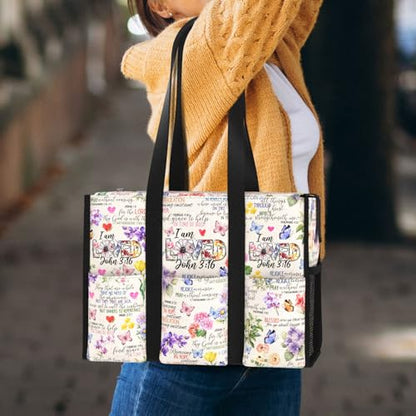 Multi-Pocket Tote Bag for Women. Waterproof Shoulder Bag with Multiple Convenient Pockets and Zipper. God Jesus Christian Faith Religious Gift. I am Loved.