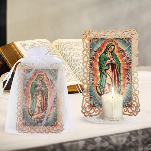 15 Set Our Lady of Guadalupe Acrylic Statues Virgen De Guadalupe Picture Frames with Organza Gift Bags Baptism Favors for Guests Baptism Centerpieces for Table First Communion Gifts Catholic Favors