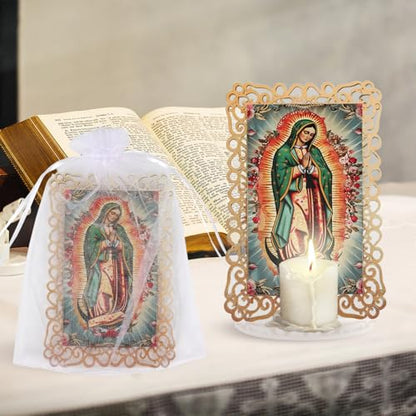 15 Set Our Lady of Guadalupe Acrylic Statues Virgen De Guadalupe Picture Frames with Organza Gift Bags Baptism Favors for Guests Baptism Centerpieces for Table First Communion Gifts Catholic Favors