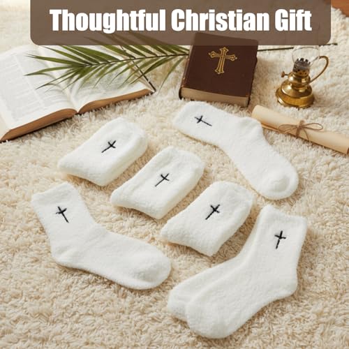 Cutecrop 5 Pairs Christian Gifts Socks Cross Print Fuzzy Socks Jesus Gifts Religious Fluffy Cozy Slipper Sock for Women Men - color: White