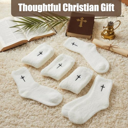 Cutecrop 5 Pairs Christian Gifts Socks Cross Print Fuzzy Socks Jesus Gifts Religious Fluffy Cozy Slipper Sock for Women Men - color: White