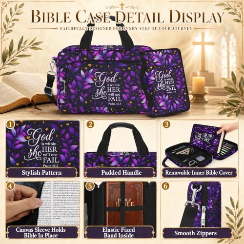 Bible Cover Case for Women with Large Bible Bag, Bible Cover with Journaling Kit & Shoulder Strap, Pens and Highlighters Cross Clips for Bible Study & Church, Christian Gift for Women