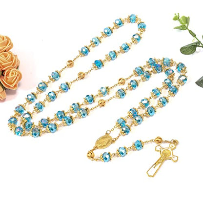 Nazareth Store St. Benedict Deep Blue Crystal Beads Rosary Prayer Necklace Golden Miraculous Medal & Gold Enamel Cross - color: Blue