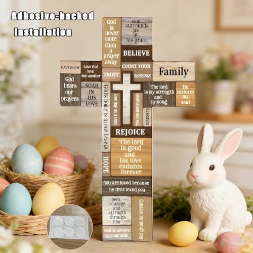 VGE Wooden Cross Wall Decor, 11.8x7.8 Inch Farmhouse Christian Cross for Home Church Office, Rustic Faith Hope Love Wall Art, Easy Self-Adhesive Mount Religious Baptism Confirmation Housewarming Gift