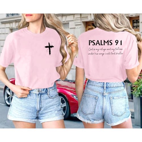 Christian Shirts for Women Psalms 91 Jesus Shirt Religious Faith God Tshirt Bible Verse Inspirational Tees Tops - color: Pink, size: Medium