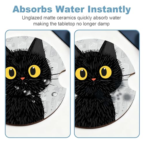 Ceramic Car Cup Holder Coasters Set of 2, 2.56 in Black Cat - color: Black Cat
