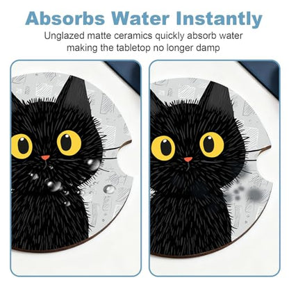 Ceramic Car Cup Holder Coasters Set of 2, 2.56 in Black Cat - color: Black Cat