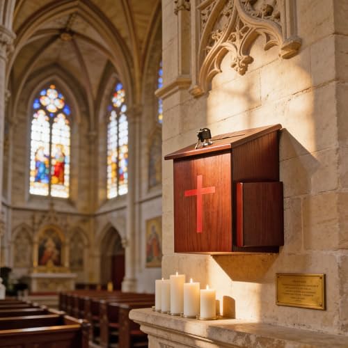 Wood Church Collection Fundraising Box Donation Charity Red Cross Sticker Flexible Application Christian Church Tithes & Offering Prayer 7.5"W x 7.5"H x 9-7/8" D Wallmount 1040S+16053