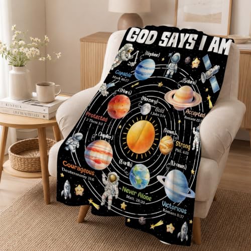 Planet Space Christian Gift Blanket, God Says I Am Bible Verse Blanket - color: God Says I Am Astronaut, size: 40"x50" for Kids