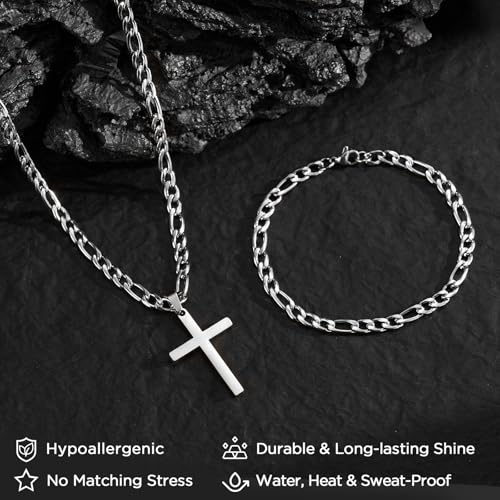 NORBU Stainless Steel Cross Necklace and Bracelet Set for Men, Cuban Link - color: Silver Figaro