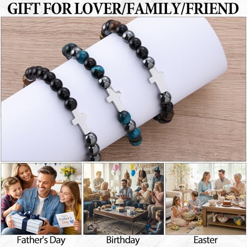 Kingdder 3 Pcs Cross Bracelet Tiger Eye Bracelet for Men 8mm Natural Stone Adjustable Christian Religious Birthday Jewelry - style: Cross