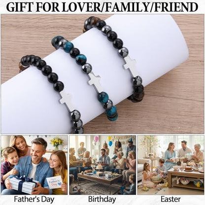 Kingdder 3 Pcs Cross Bracelet Tiger Eye Bracelet for Men 8mm Natural Stone Adjustable Christian Religious Birthday Jewelry - style: Cross