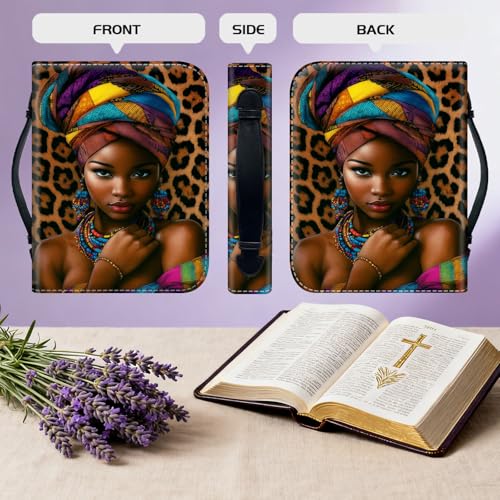 Bible Cover for Women Large PU Leather Zippered Bible Case with Handle and African Woman Design, Christian Bible Cover for Girls & Women, Cover Fits Standard 9.5"x7.5"x2.3" Bible - color: African Woman