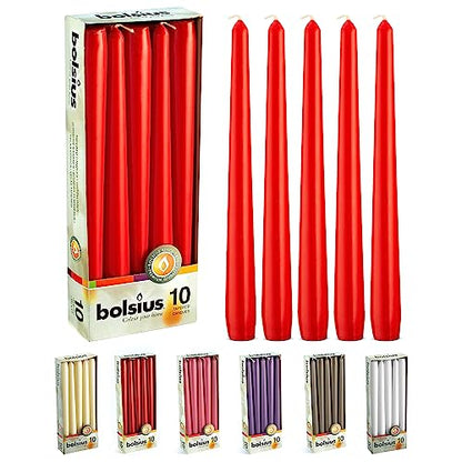 BOLSIUS 10 Count Unscented 10 Inch Red Household Taper Candles - 8 Hours Burn Time - Premium European Quality - Smokeless Dripless Taper Candlestick - Great for Special Occasion, Church, and Everyday - color: Red, size: 10 Count