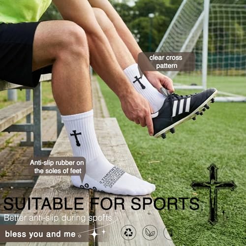 3 Pair Grip Christian Soccer Socks,Easter,Christmas Gift for Men - color: 2 Timothy 1:7 - White