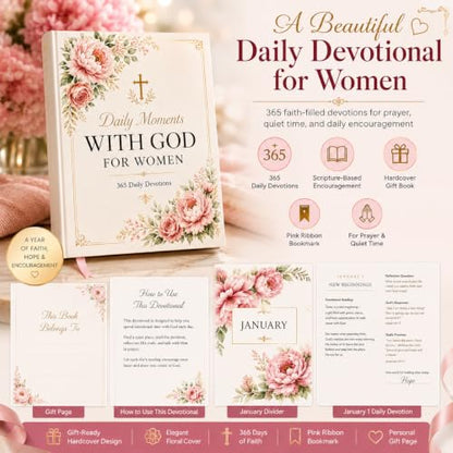 Daily Devotional for Women, 10 Minutes with God 365 Christian Devotions for Prayer, Quiet Time, and Daily Encouragement, Hardcover Gift Book with Pink Ribbon Bookmark