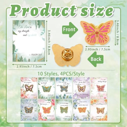 40 Sets Christian Pins, Christian Party Favors, 40 Gold Plated Butterfly Bible Verse Lapel Pin with 40 Scripture Quote Cards for Women Mothers Day Church Gifts Religious Party Favors