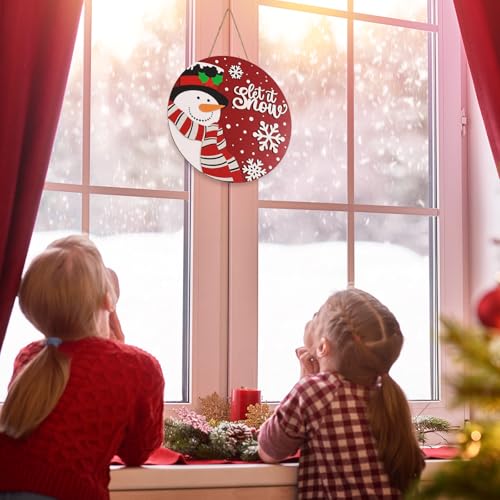 JarThenaAMCS Christmas Winter Welcome Door Sign Xmas Red Snowman Snowflake Wooden Front Door Hanging Sign 3D Round Outdoor Hanger for Party Home Wall Porch Decorations, 12 Inch - style: Snowman