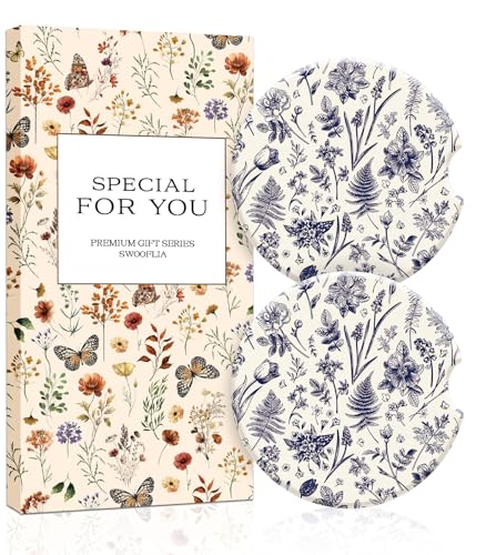 Swooflia Floral Absorbent Ceramic Car Coasters Set of 2, Cute Botanical Wildflower Cup Holder Coasters for Car, Vintage Blue Flower Car Accessories for Women, Unique Gifts for Mom, Friends, Teachers - color: Vintage Blue Flower