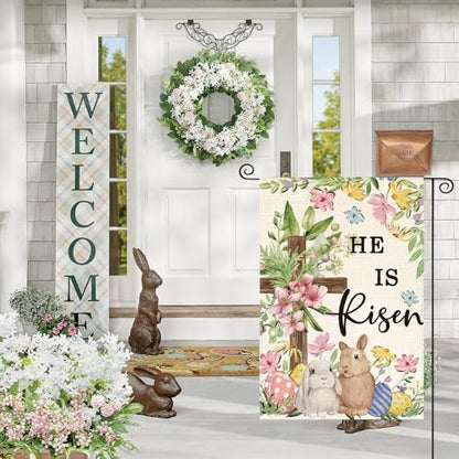 AVOIN colorlife Bunnies Cross He Is Risen Easter Garden Flag 12x18 Inch - size: Garden Size-12 x 18"