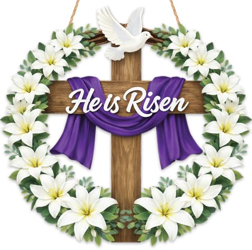 Easter Decorations He Is Risen Wooden Easter Wreath, Christian Easter Wreaths for Front Door, Religious Door Hanging Sign for Front Door, Faith Based Spring Wall Decor - color: He Is Risen