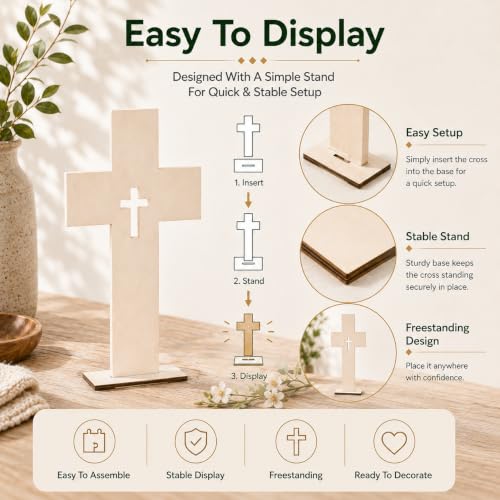 Wooden Crosses for Crafts: 10 Pack Unfinished Wood - DIY Blank Crosses with Stands Small Religious Crucifix Ornaments Catholic Baptism Centerpiece DIY Craft Supplies